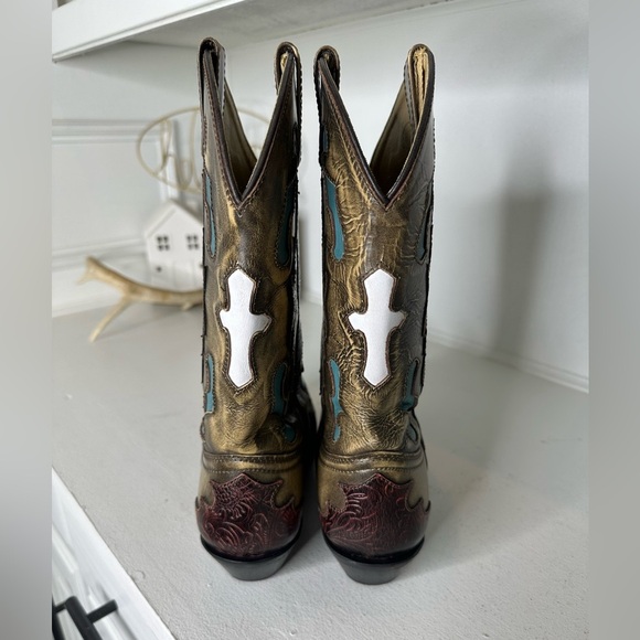 Smoky Mountain Western Boots | Distressed Gold Leather w/ Turquoise Inlay 7.5 - Picture 5 of 8